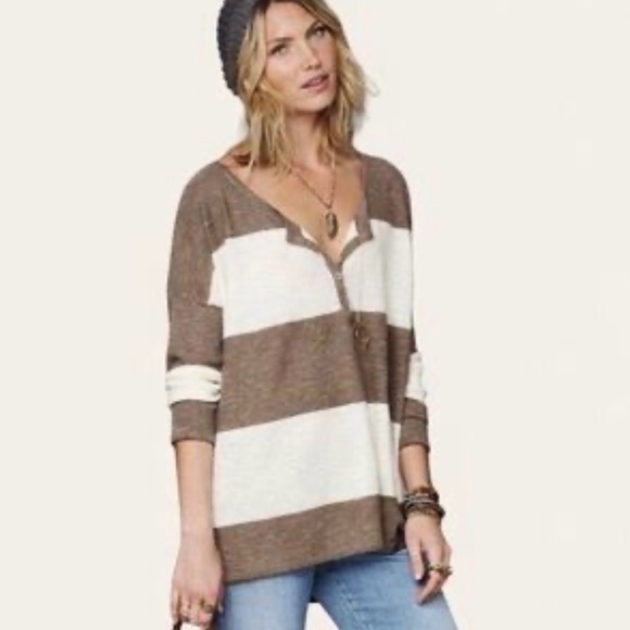 Free People Tops - Free people beach women’s large Henley gold rush striped linen blend tunic